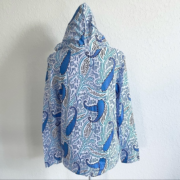 FRESH PRODUCE Blue White Ikat Button Down Hoodie Sweater Paisley Print Small - Picture 2 of 5